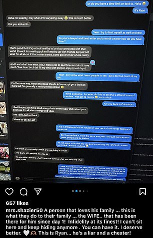 A screenshot of Ryan's text exchange with the woman he is having an affair with appears to show that she is a sportscaster and lawyer based in Columbus, Ohio.