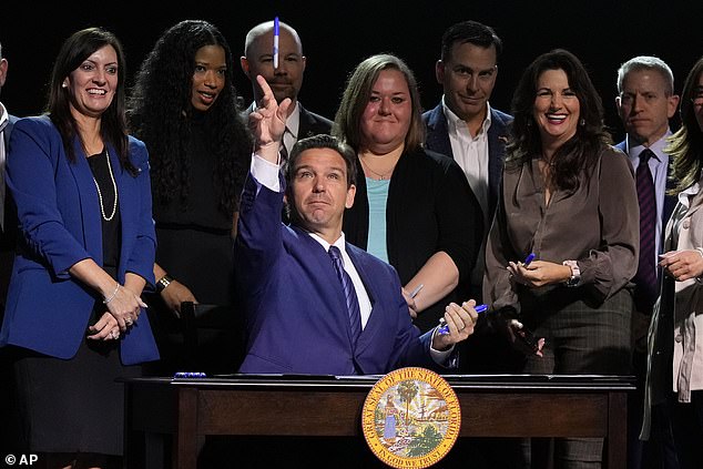 The Supreme Court said Thursday that it will not allow Florida to enforce its new law against drag shows while a lawsuit is pending.  Pictured: Ron DeSantis at the bill signing in May