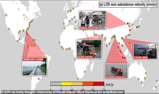 Researchers from the University of Rhode Island analyzed 99 places and found that most are sinking faster than sea levels are rising.  Four hotspots have been identified in Asia.  Tampa Bay Florida is also sinking quickly