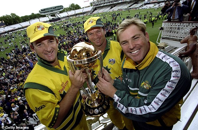 Warne, right, pictured with the Cricket World Cup and teammates Mark and Steve Waugh, tragically died in 2022 of a heart attack while on holiday in Thailand