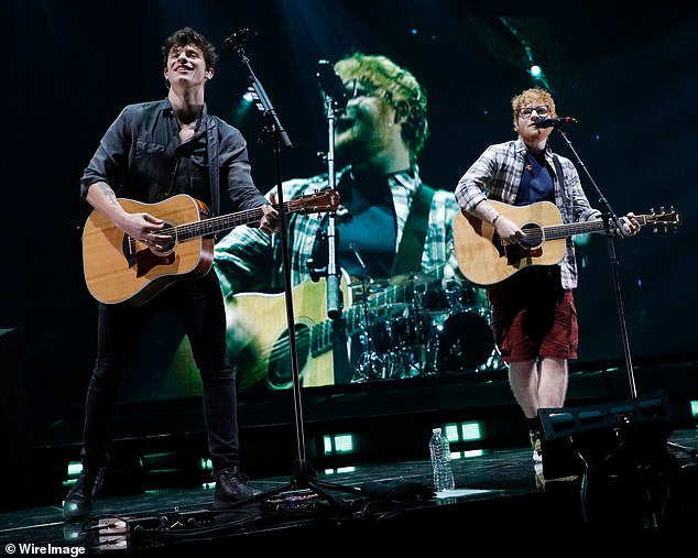 Small steps: Mendes briefly returned to the stage in June when he joined Ed Sheeran for a duet in his hometown of Toronto, Canada;  the old friends can be seen performing in 2017