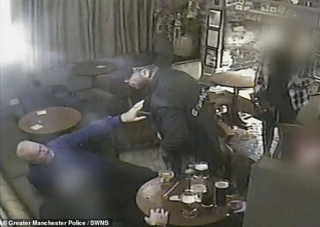 Brutal Douglas Joyce, 35, is seen in footage punching his victim in a sickening attack - leaving him seriously injured - after following him into a back room of a pub