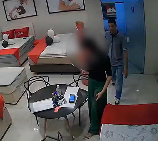 Brazilian police in the southeastern city of São Paulo are searching for a man (right) who allegedly tried to sexually assault a mattress store employee on Saturday (left)