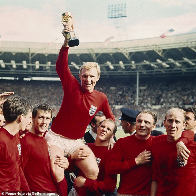 Bobby Charlton (R) celebrating England's victory at the 1966 World Cup. From left to right: Jack Charlton, Nobby Stiles, Gordon Banks (back), Alan Ball, Martin Peters, Geoff Hurst, Bobby Moore, Ray Wilson, George Cohen and Bobby Charlton