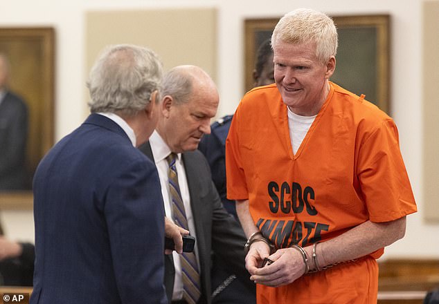 Double murderer Alex Murdaugh was seen smiling as he entered the South Carolina courtroom for his sentencing for financial crimes