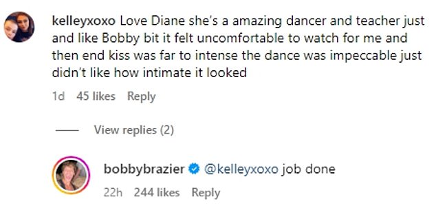 Having his say: It comes after Bobby hit back at a fan who complained he felt 'uncomfortable' watching the dance, simply writing: 'Job done'