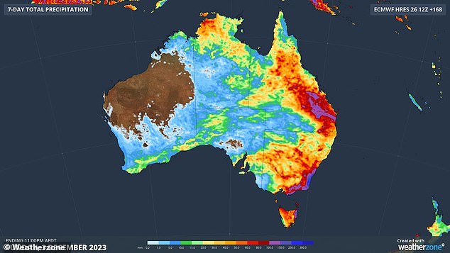 The east coast of Australia will be lashed by heavy rain this week.  The photo shows the total amount of precipitation expected by Sunday