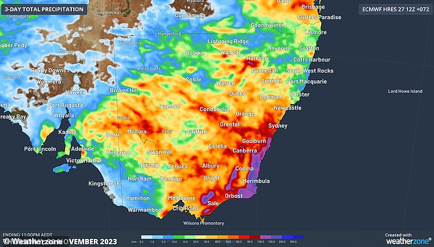 A 'puddle' of warm water off the southeast coast will bring heavy rain to New South Wales, Victoria and the Australian Capital Territory (pictured, forecast for Thursday)