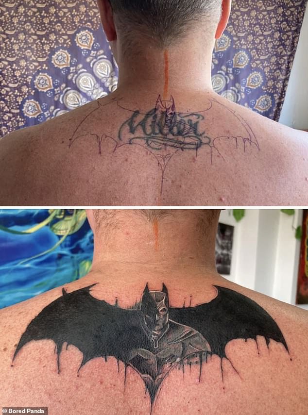 People have been sharing their best ugly tattoo cover-ups and Bored Panda has collected the most impressive examples in an online gallery.  Including a guy who covered the name Miller on his neck with an awesome Batman tattoo