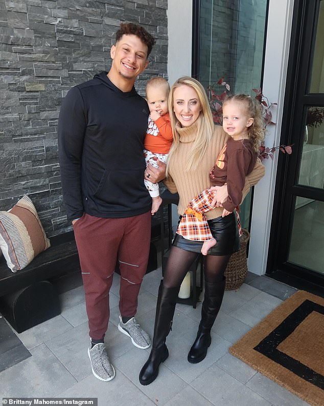 Cute family: Brittany Mahomes shared some sweet family photos on Instagram on Thursday.  The 28-year-old blonde mother of two was with her husband Patrick Mahomes, a quarterback for the Kansas City Chiefs, when they were spotted outside their home