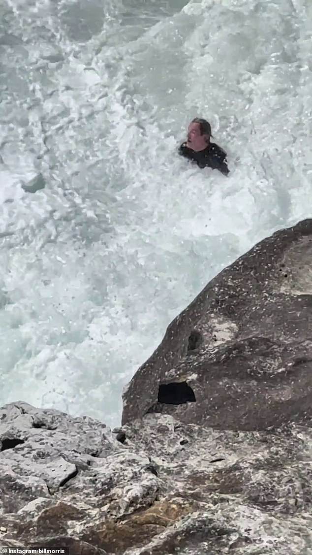 In the footage posted to Instagram, the man can be seen struggling to stay above water and swim away from danger