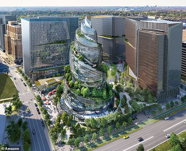 A rendering of Amazon's proposed design for its second headquarters campus in Arlington.  Pictured is 'The Helix', which is part of the company's Phase 2 and is currently on hold