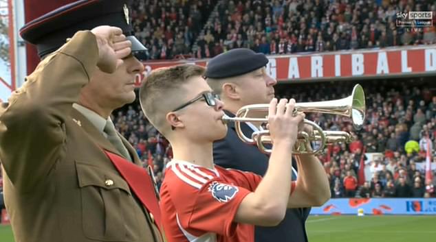 Caiden Storry, 16, performed The Last Post ahead of Forest's match against Aston Villa