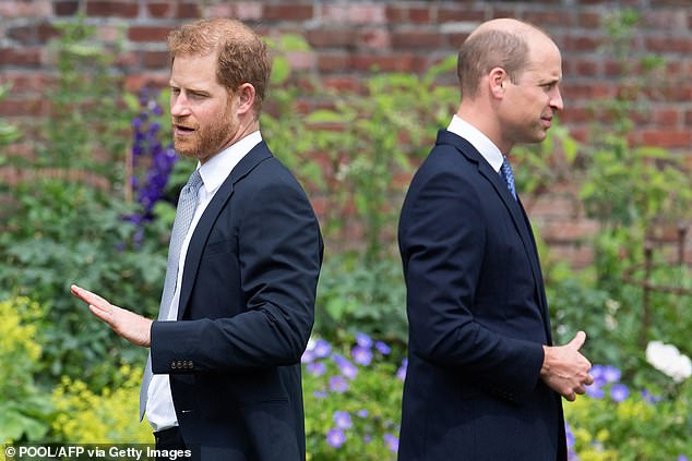 Princes William and Harry attend the unveiling of a statue of their mother, Princess Diana, in the Sunken Garden at Kensington Palace in July 2021