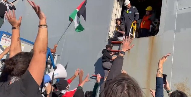 Pro-Palestinian protesters saw the military ship climbing into the Port of Oakland on Friday morning