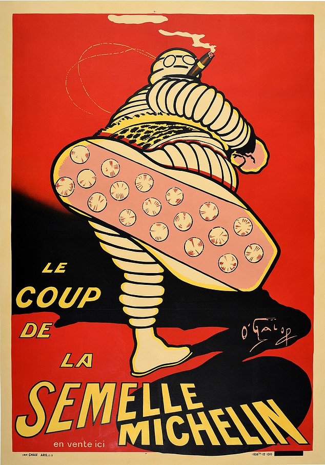 Dating from 1910, this poster promotes Michelin tires and features the French company's famous mascot, Bibendum.  He is better known as the Michelin Man.  The figure was introduced in 1894 by cartoonist Marius Rossilon