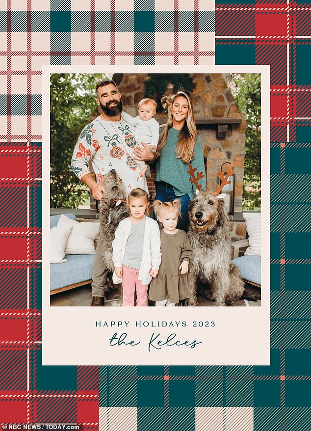 Jason and Kylie Kelce shared their adorable Christmas card with their three kids and two dogs