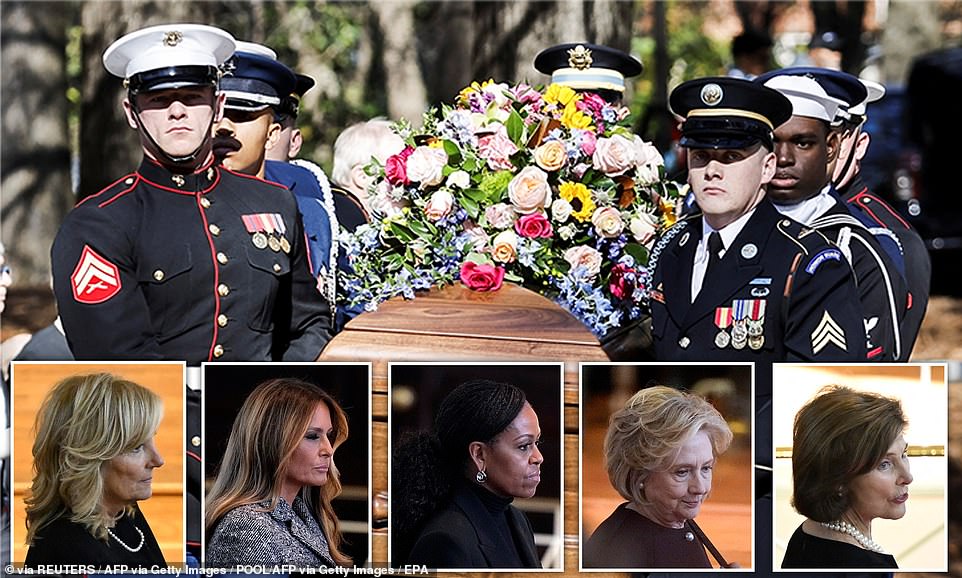 The five remaining members of the first lady sisterhood took center stage at Rosalynn Carter's funeral, temporarily hiding any disagreements and sitting side by side to commemorate one of their exclusive clubs.