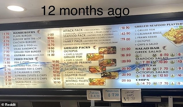 These two photos of the takeaway's blackboard menu show the astonishing price increase this year in just ten months