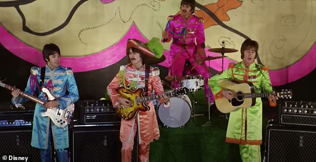 There is also footage of The Beatles members Paul McCartney, Ringo Starr and the late George Harrison attempting to record Lennon's song in 1995.  Pictured: The Beatles