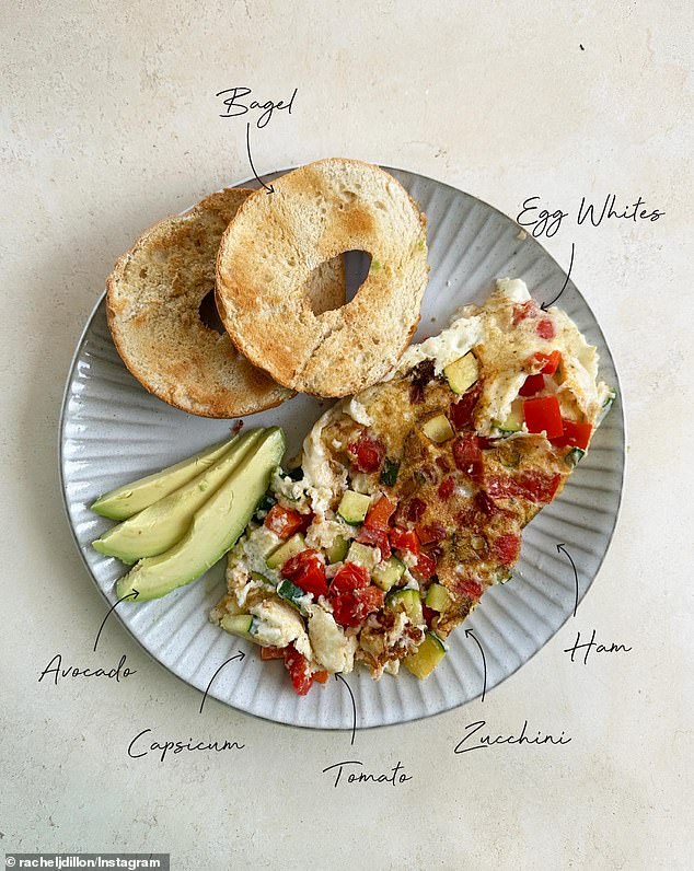 The personal trainer enjoys an egg white omelet with ham, zucchini, tomato and pepper in the morning, often combined with a quarter of an avocado and a toasted bagel