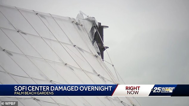 Heavy winds and rain blew down in South Florida, causing a crack in the roof of the TGL location