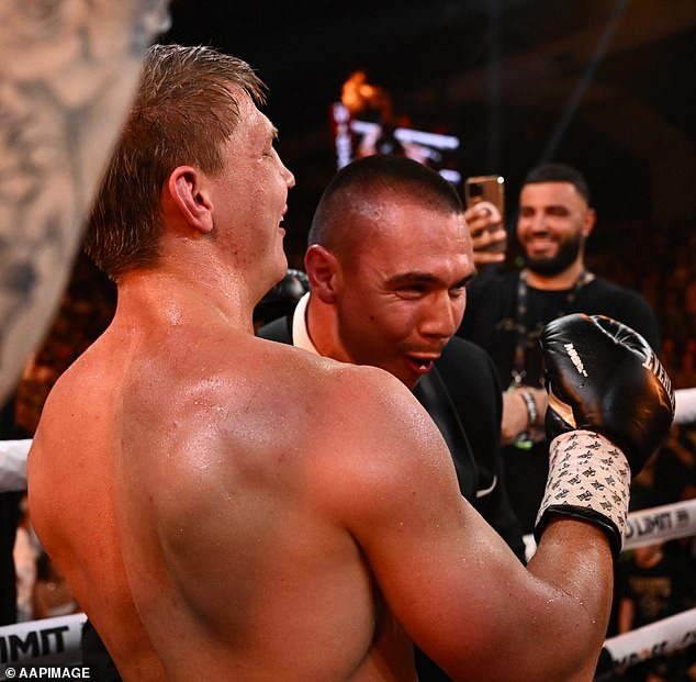 Tim Tszyu (pictured celebrating with Nikita after his win over Dylan Biggs) is keen to fight on the same card with his brother in Las Vegas on March 3