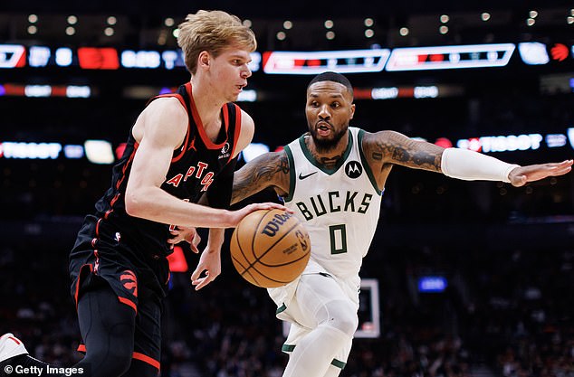 The Raptors' Gradey Dick finished with 11 points and two assists against the Bucks on Wednesday