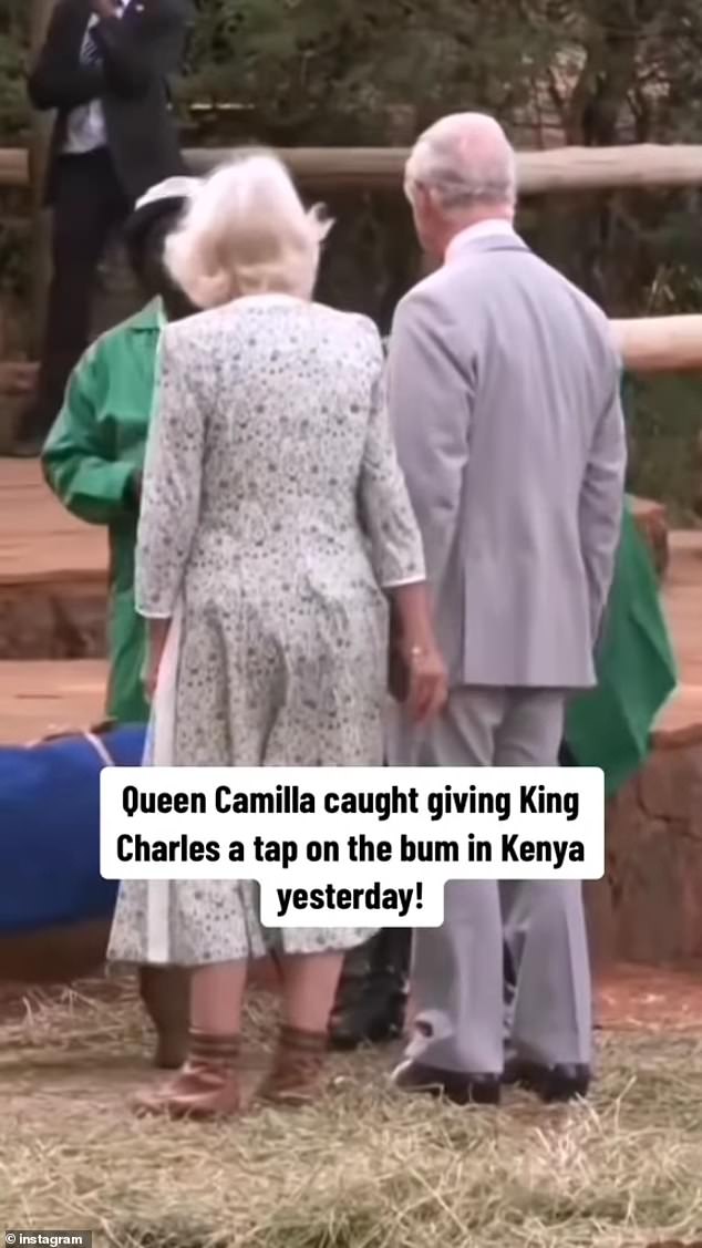 Camilla briefly patted King Charles III on the butt during their visit to Nairobi National Park on Wednesday, November 1