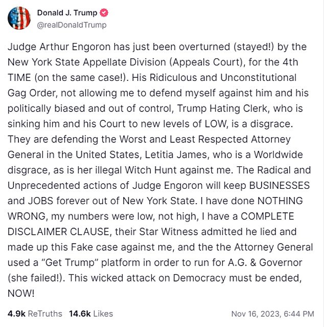 Trump has already been fined $15,000 for violating the silence order imposed during the fraud trial of New York Attorney General Letitia James.