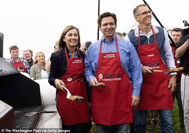 After news leaked that Iowa Governor Kim Reynolds (pictured left) will support Florida Governor Ron DeSantis (pictured center) for president, Donald Trump predicts 'this will be the end of her political career'