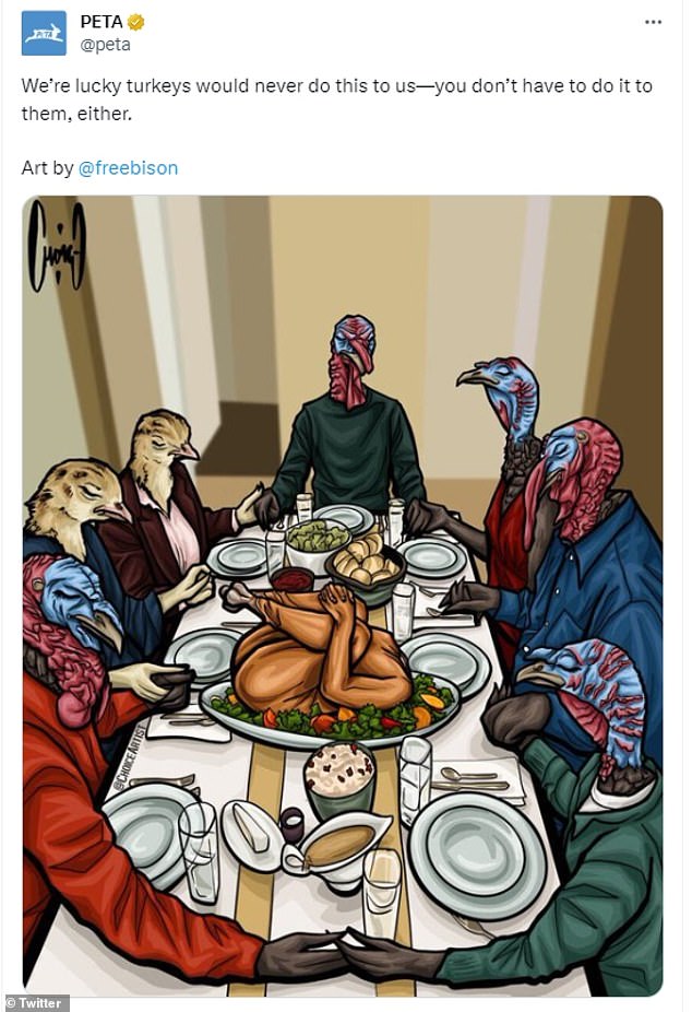 The People for the Ethical Treatment of Animals posted a photo of a family of turkeys sitting around a table with human meat in the center ahead of the holiday to X (formerly Twitter).