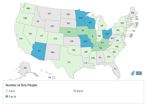 The Centers for Disease Control and Prevention said 99 people have been infected and 45 have been hospitalized in 32 states, while two deaths have been recorded in Minnesota.