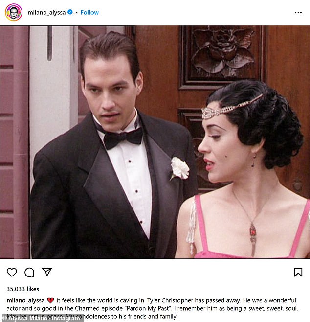 Friendly: Alyssa Milano, with whom Christopher appeared in a 2000 episode of the series Charmed, posted a memorial on Tuesday with an image of them working together