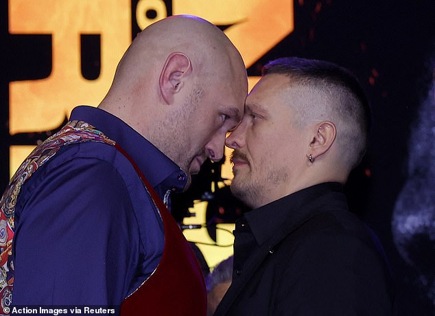 Tyson Fury was full of intimidation tactics as he took part in a showdown with Oleksandr Usyk