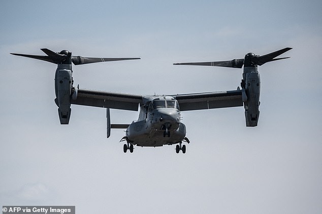 The crash occurred around 2:47 p.m. local time, with local residents reporting fire coming from the plane's left engine as it fell into the sea, Japanese broadcaster MBC reported (file photo: an MV-22 Osprey tilt-rotor aircraft)