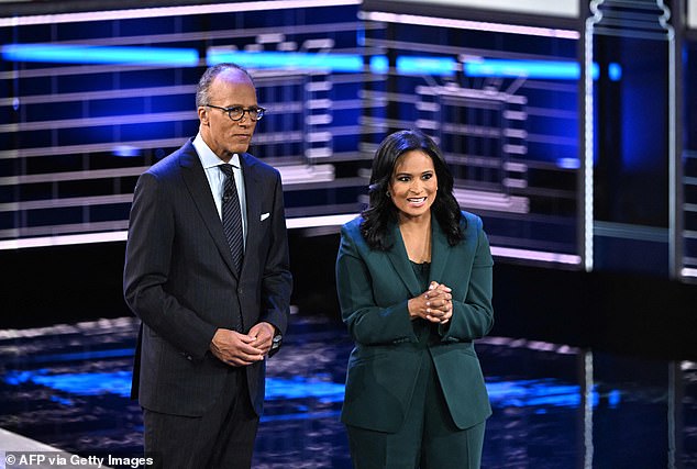 NBC attracted just 7.5 million viewers to the debate on Wednesday, a drop of nearly 50 percent from the 13 million who tuned in for the first in August.  The debate was moderated by Lester Holt and Kristen Welker of NBC News (pictured together) and radio host Hugh Hewitt