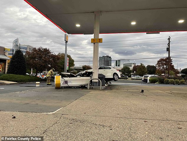 Eventually, security cameras show the man driving into a Shell gas station on Leesburg Pike, where he crashes into one of the gas pumps.