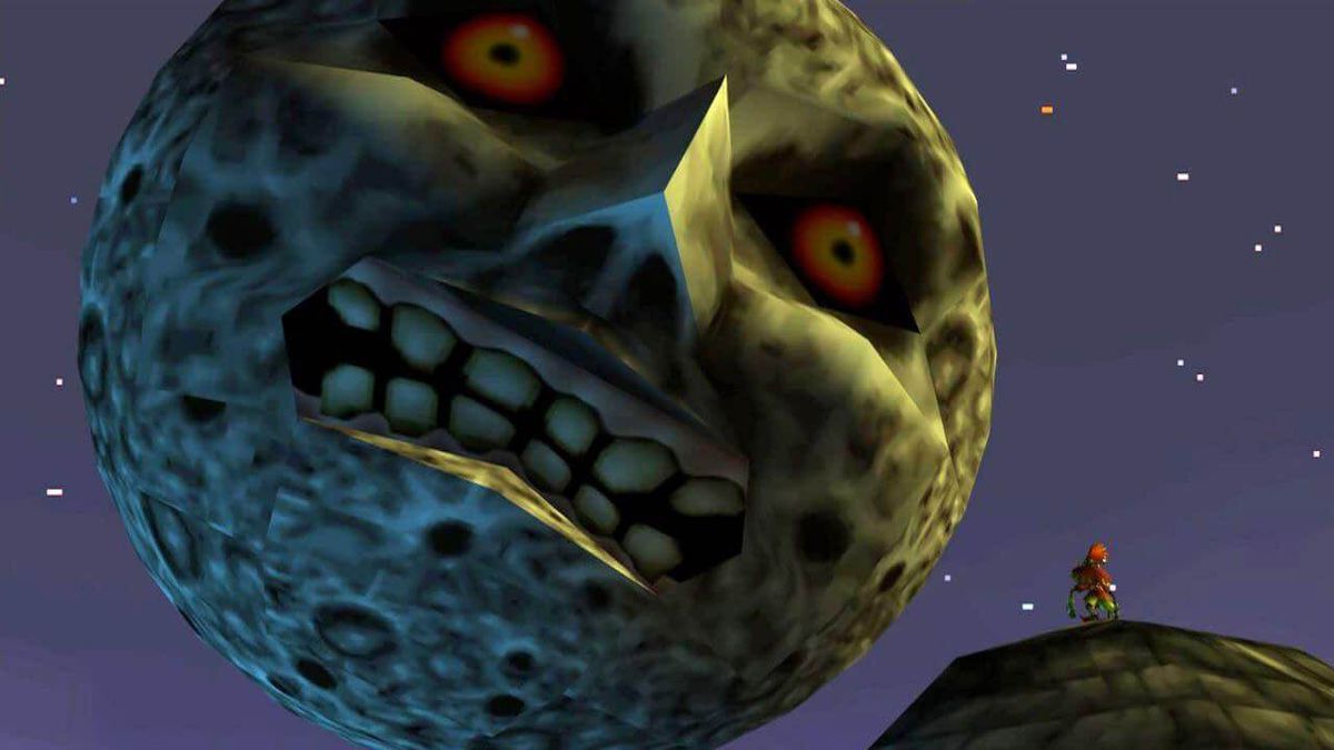 Skull Kid looks up at the moon in The Legend of Zelda: Majora's Mask