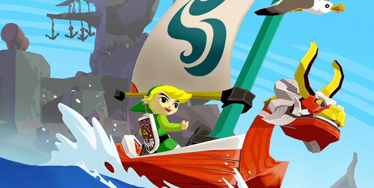 Link rides his boat and splashes water in The Legend of Zelda: The Wind Waker