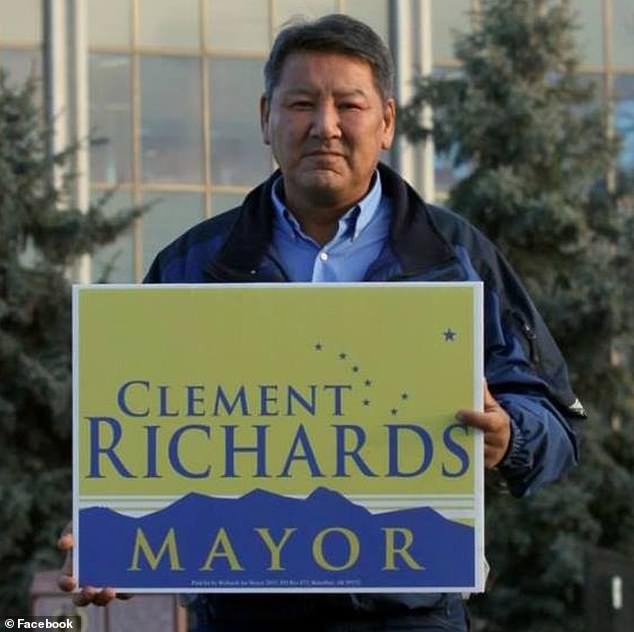 Clement Richard is pictured campaigning to become mayor of Kotzebue, Alaska.  A shocking new report has detailed the domestic abuse deaths of two of his sons' girlfriends at his home two years apart - and the subsequent inaction of police.