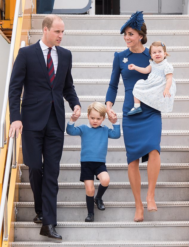 Prince William and Princess Catherine match with their children, Prince George and Princess Charlotte, as the family arrives at Victoria Airport for the start of their royal tour of Canada in September 2016