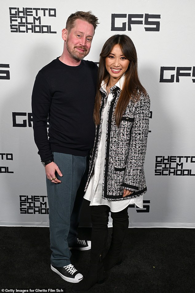 Culkin, 43, pictured on the red carpet in 2018, is now the founder of satirical comedy brand Bunny Ears.  Later this week he will receive a star on the Hollywood Walk of Fame.  Pictured with wife Brenda Song