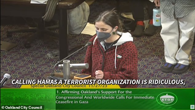 “Calling Hamas a terrorist organization is ridiculous, racist and plays on genocidal propaganda that is flooding our media and that we must do everything possible to combat,” said a young woman who hid her face with a COVID mask.