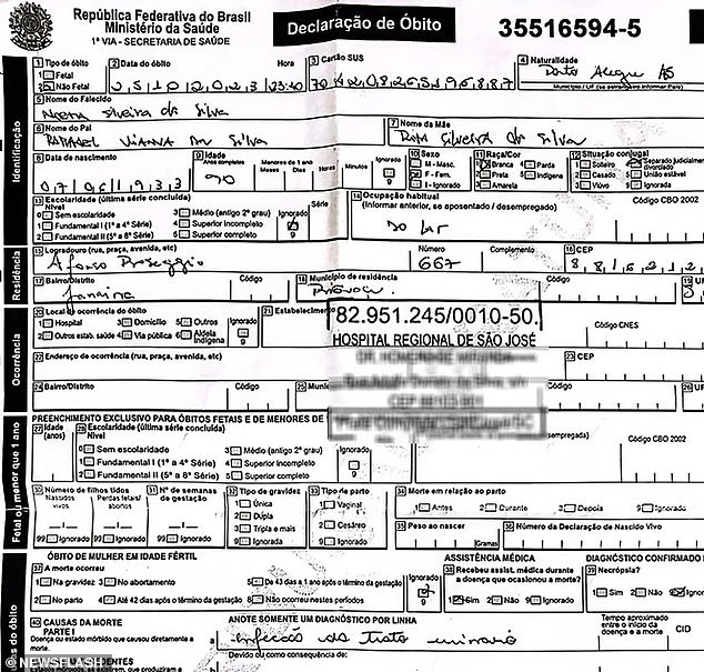 The photo shows Norma Silveira da Silva's first death certificate, which listed her cause of death as an infection