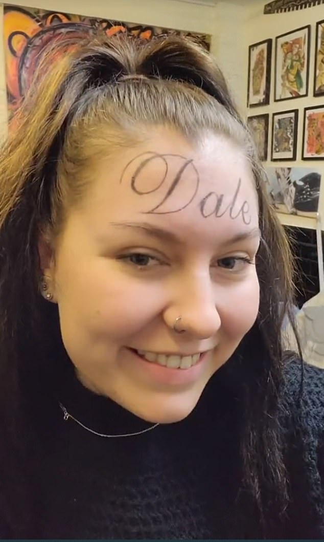 In the clip, the tattoo apprentice can be seen getting the name 'Dale' stenciled on her head in large letters, before pretending to have it permanently inked.