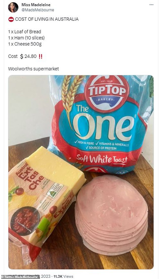 She bought a block of Woolworths brand extra tasty cheese, a pack of Don ham and a TipTop white bread (pictured) and a $2 pack of mixed lettuce for a total of $24.80