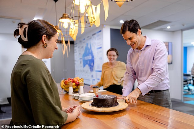 Many employees are returning to office work to bridge the social gap that has emerged between WFH and on-site employees.  Pictured: McCrindle boss Mark McCrindle cutting a cake on his birthday