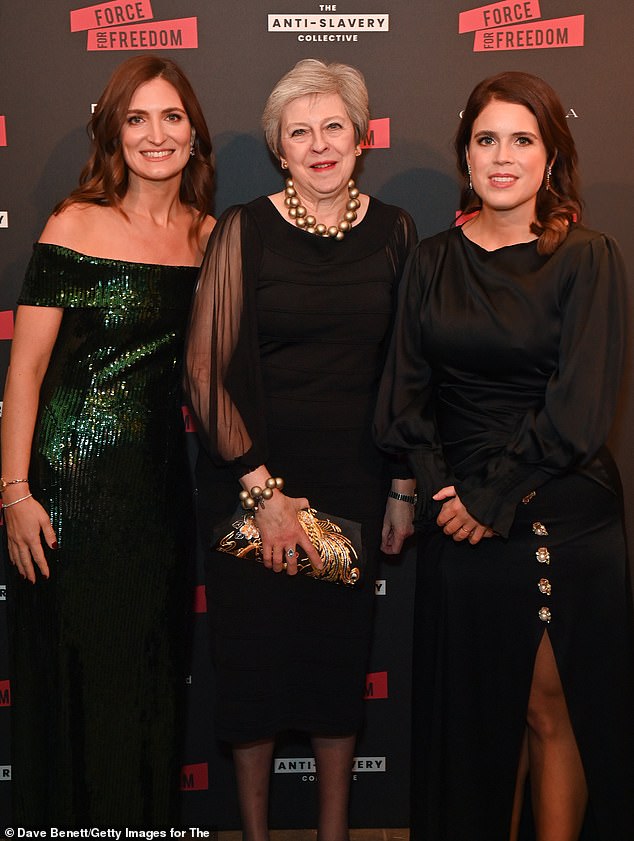 Former British Prime Minister Theresa May (center) accompanied Julia de Boinville and Princess Eugenie at the Gala