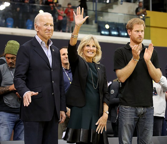 At the Christmas Tree Lighting, Biden (left) referenced how Dr.  Jill Biden (center) attended the Invictus Games with Prince Harry (right) in 2014 and both Bidens went when they were detained in Toronto, although the president ruined the year.